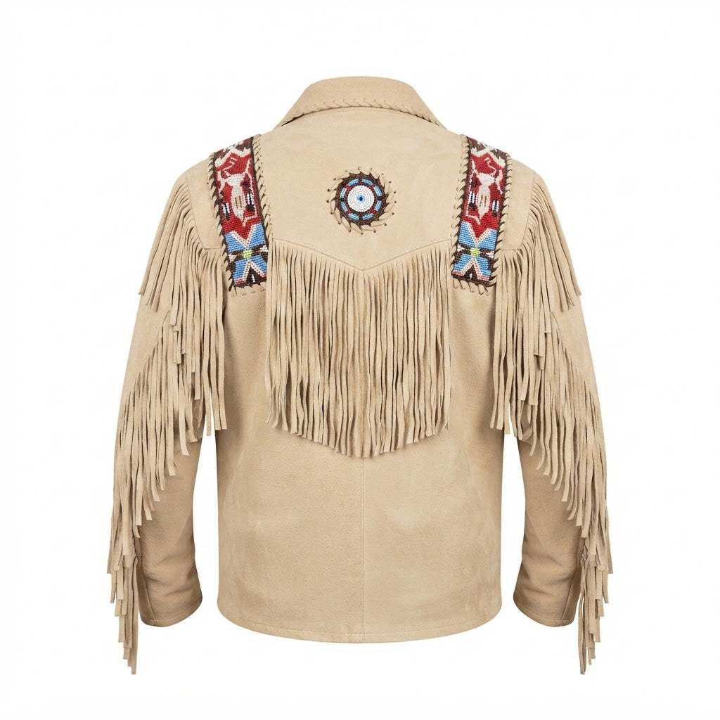 A beige suede fringe jacket shown from the back, featuring long fringe hanging from the shoulders and upper back on white background