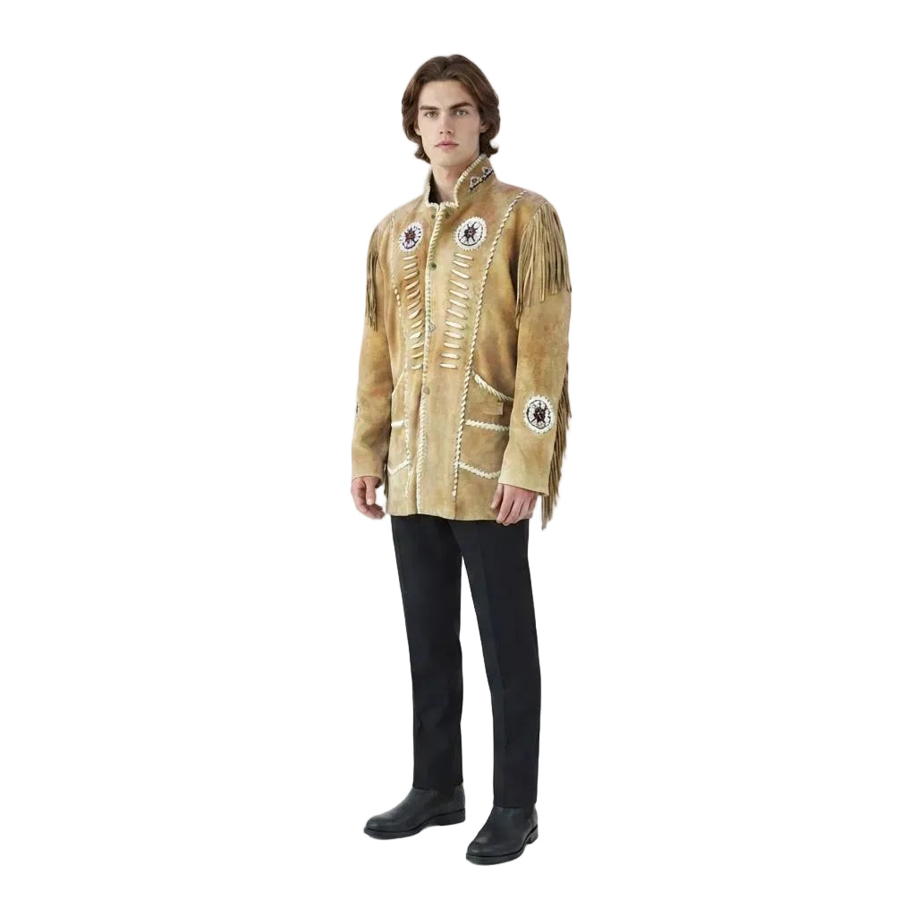 A man wear a beige suede leather jacket with fringes with bead work on white background