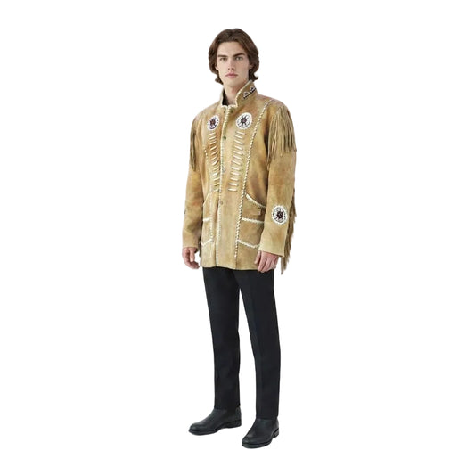A man wear a beige suede leather jacket with fringes with bead work on white background