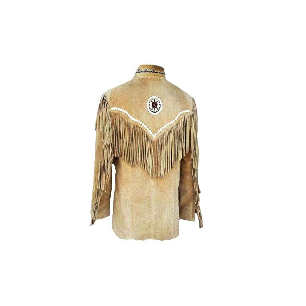 A beige suede leather fringed jacket with bead work on white background