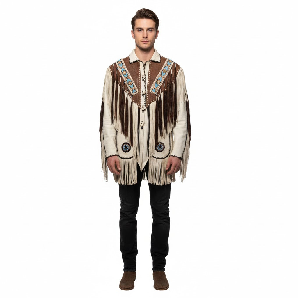 Man wearing a traditional western-style jacket with fringe and embroidery on a white background
