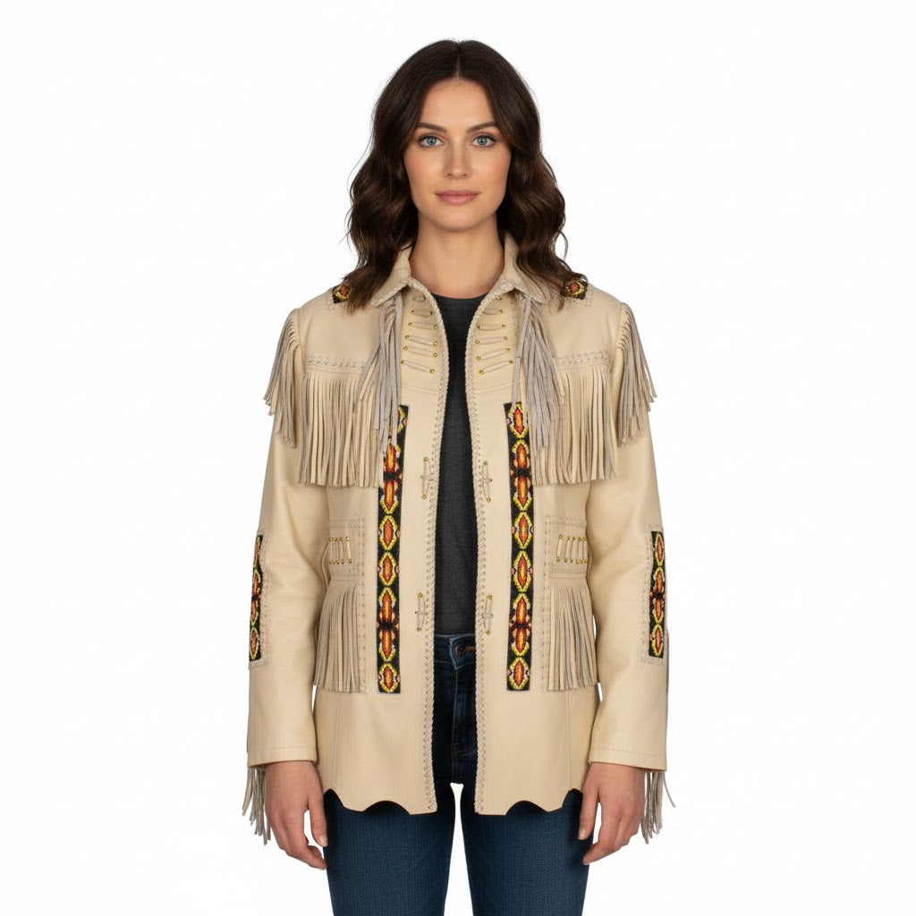 Woman wearing a beige fringed jacket with decorative elements on a white background