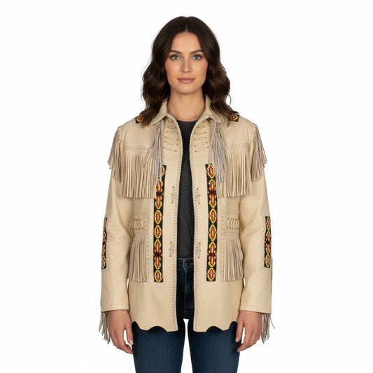 Woman wearing a beige fringed jacket with decorative elements on a white background