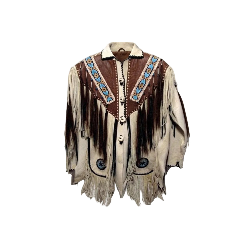 A western-style fringed jacket made of brown and cream leather, decorated with turquoise blue and black beadwork on the yoke, set against a plain white background.