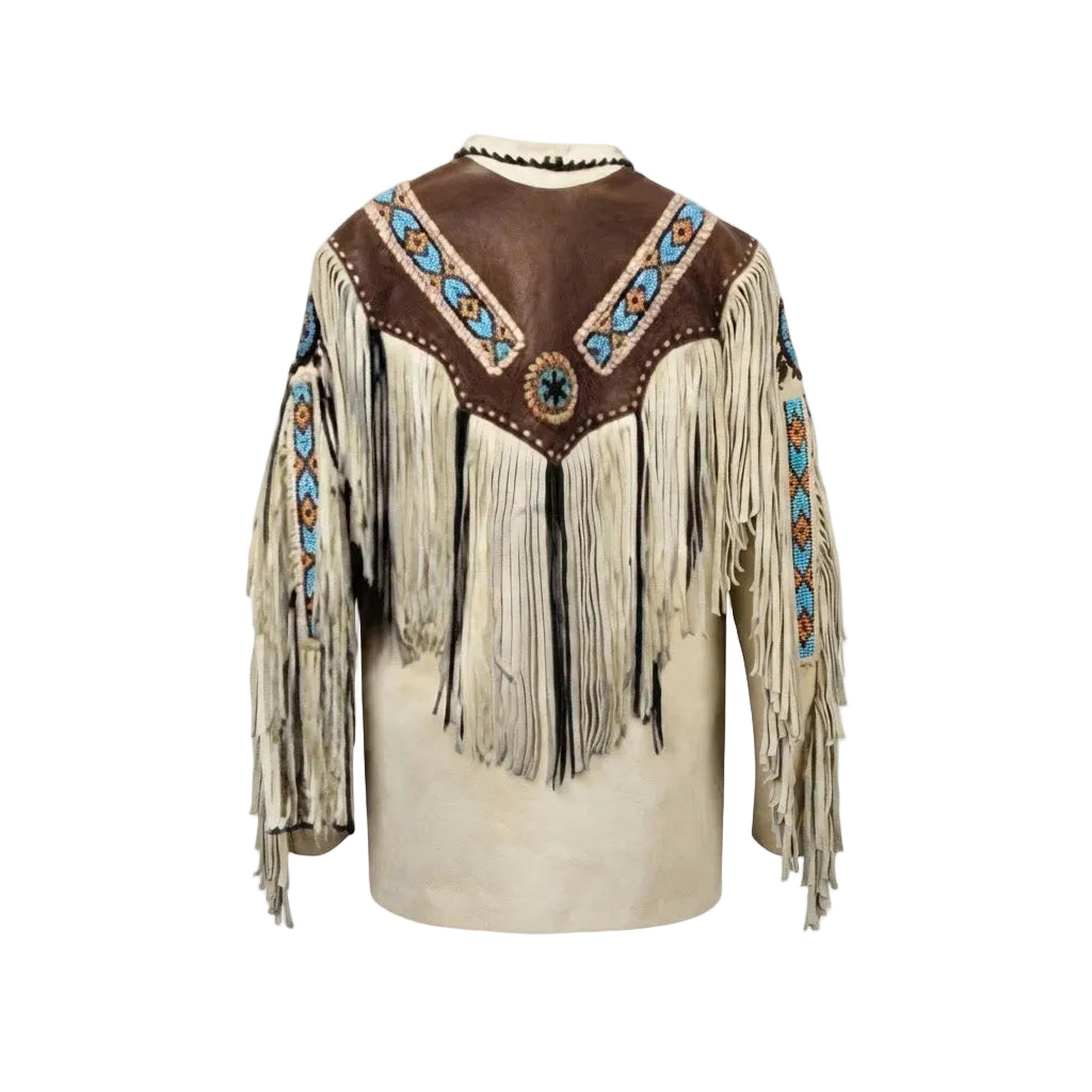 A brown and beige fringed leather top with turquoise and orange geometric embroidery on the chest and sleeves, displayed on a white background.