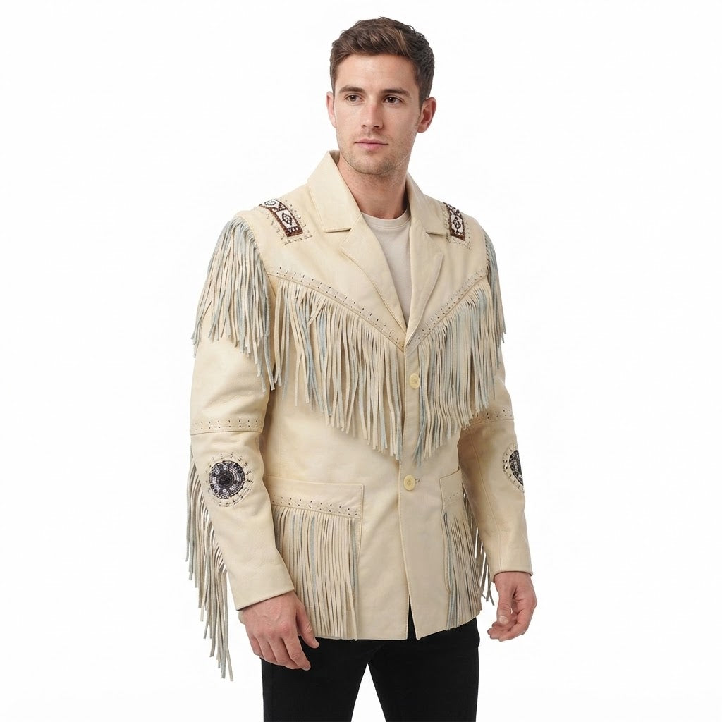 Western Beige Fringe Beaded Leather Jacket Cowboy Jacket WJ501