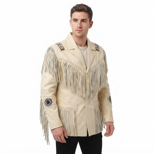 Western Beige Fringe Beaded Leather Jacket Cowboy Jacket WJ501