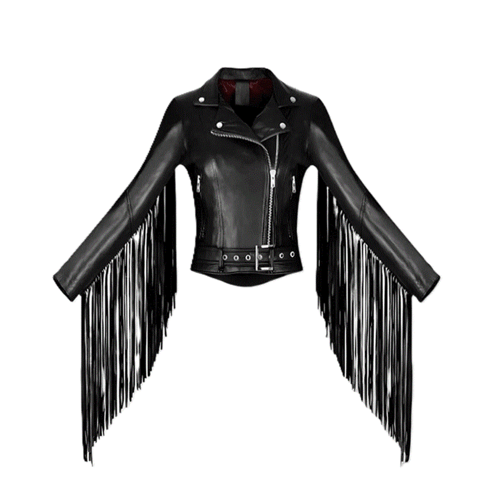 Women’s Black Leather Long Fringe Biker Jacket Cowgirl Jacket WFJ9008