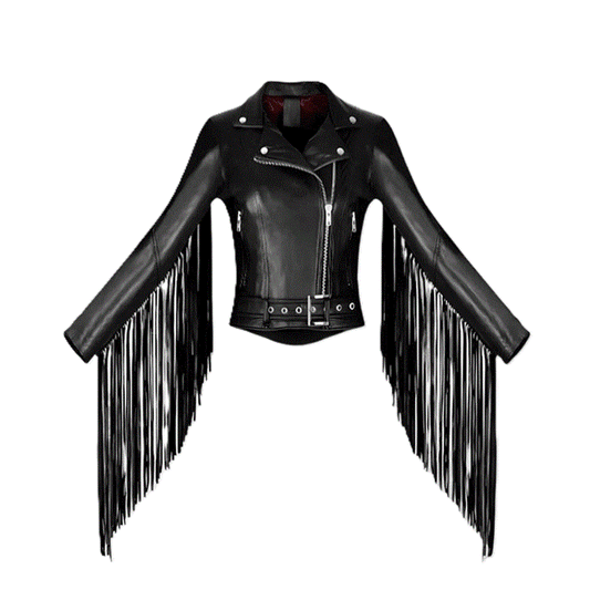 Women’s Black Leather Long Fringe Biker Jacket Cowgirl Jacket WFJ9008