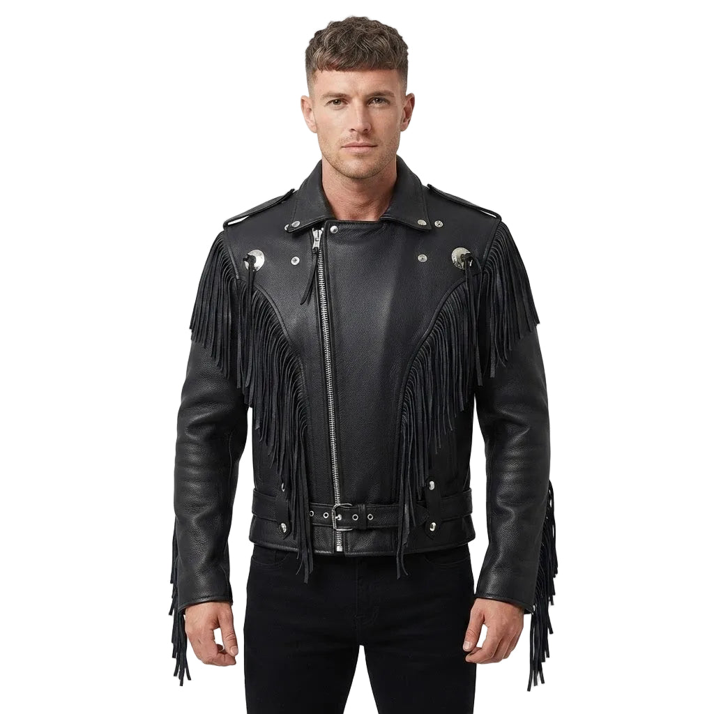 A man wearing a black leather motorcycle jacket with long fringe on the front and sleeves, silver snap details, and a front zipper, photographed against a plain white background.