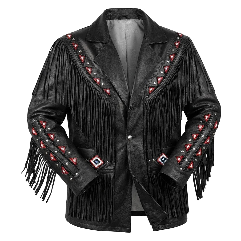 Black leather fringe jacket with geometric red, white, and black beaded trim on the shoulders, sleeves, and front pockets, shown on a plain white background.