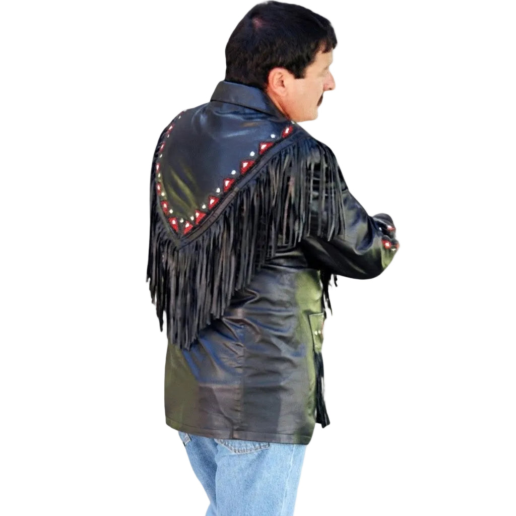A man shown from the back wearing a black leather fringe jacket with red and white embroidered details on the shoulders, paired with blue jeans, against a plain white background.