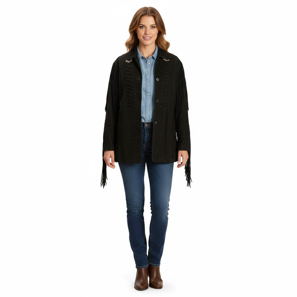 Women’s Western Beige Fringe Leather Jacket WFJ704