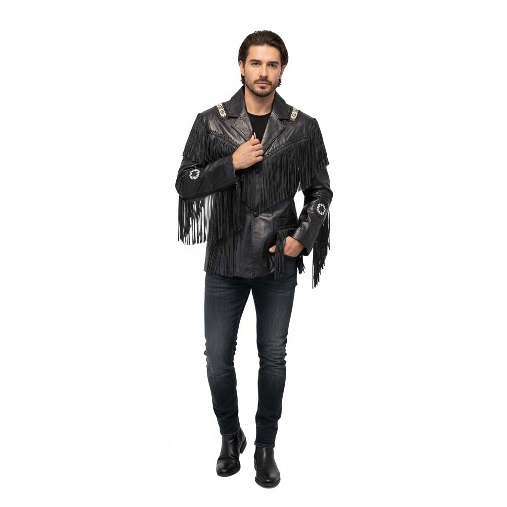 Western Black Fringe Beaded Leather Jacket Cowboy Jacket LWJ3510