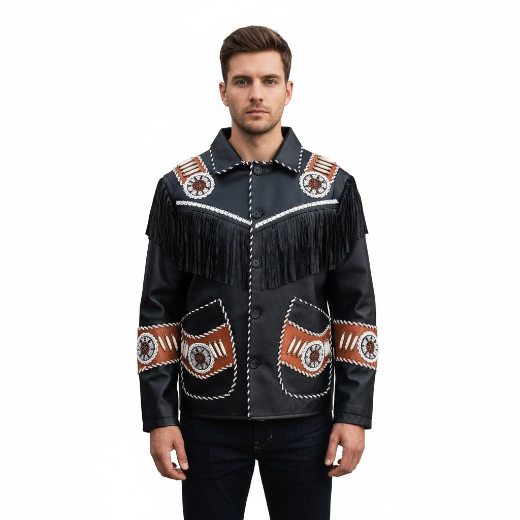 Western Black Leather Fringe Bone Beaded Jacket Cowboy Jacket LWJ357