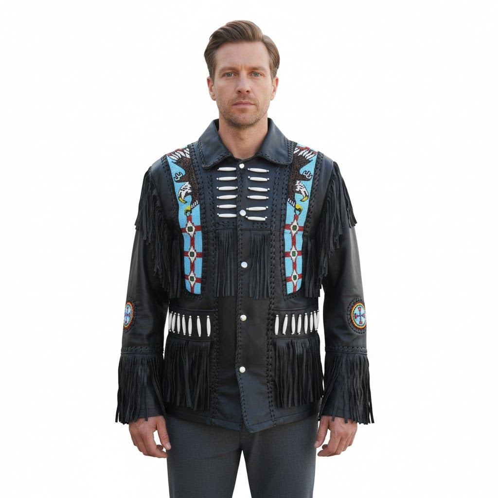 Man wearing a black fringed jacket with colorful patterns on a white background