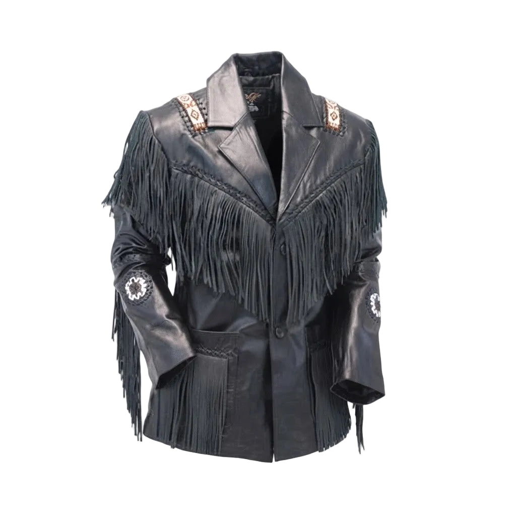Black faux leather fringe jacket with western-style embroidery and beadwork on the shoulders and sleeves, shown against a plain white background.