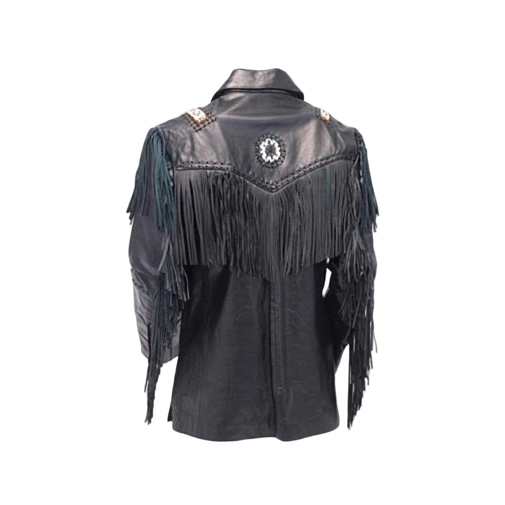 Black leather fringe jacket with decorative stitching, beadwork, and a circular embroidered patch on the back, shown against a plain white background.