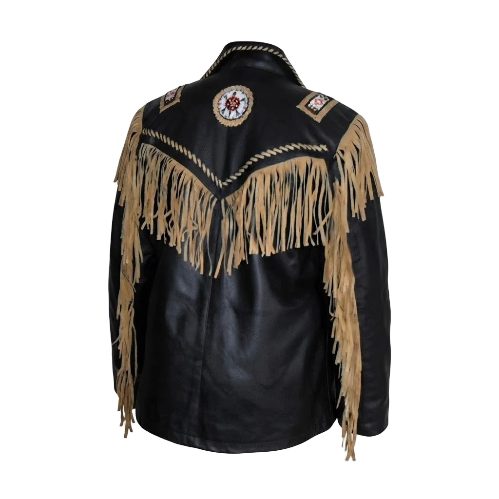Black leather fringe jacket with tan suede fringe, decorative stitching, and embroidered patches on the shoulders, shown against a plain white background.