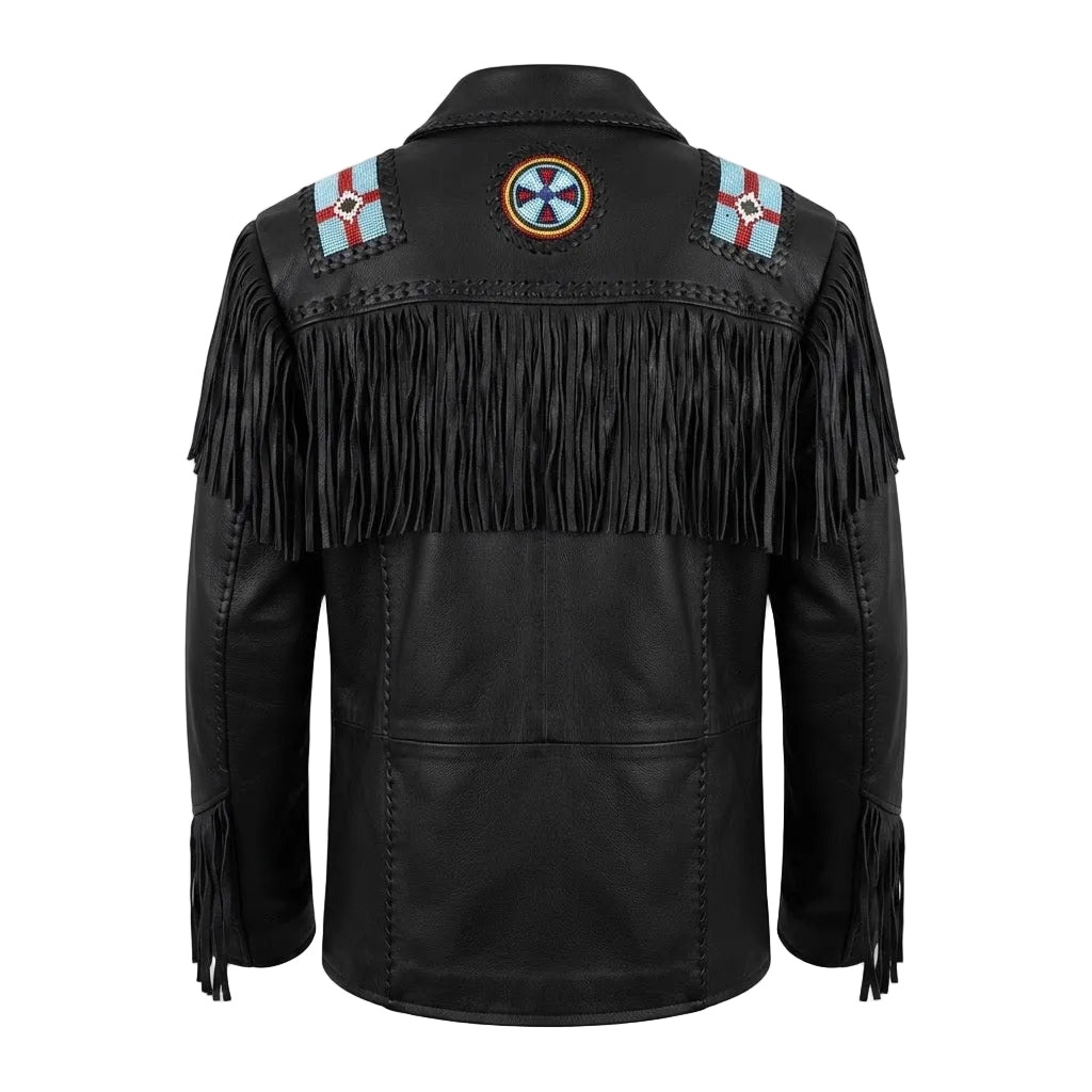 Black leather fringe jacket shown from the back, featuring a large fringed, decorative beaded shoulder patches, and a circular beaded emblem on the upper back.