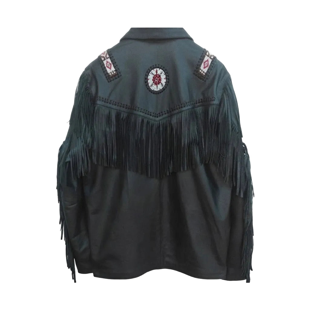 A black leather fringe jacket shown from the back, featuring a circular red and white beaded medallion on the upper back, geometric beaded shoulder details, and long black fringe cascading down the sleeves and back.