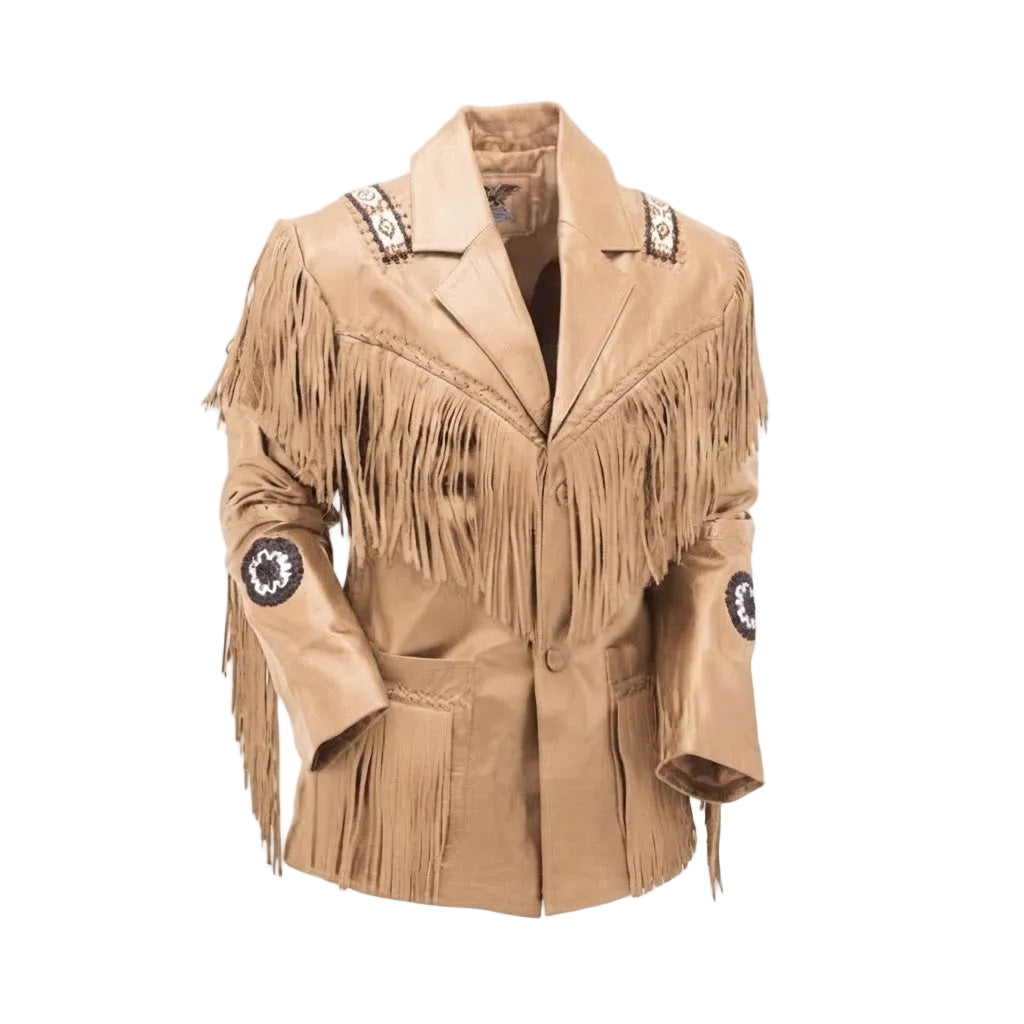 A beige faux-leather fringed jacket with decorative embroidered details on the shoulders and circular patches on the sleeves, shown against a plain white background.