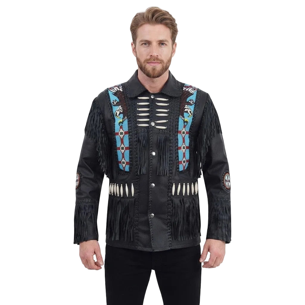 A man wearing a black faux-leather fringed jacket with Native American-inspired beadwork and white bone-like chest details, photographed against a plain white background.