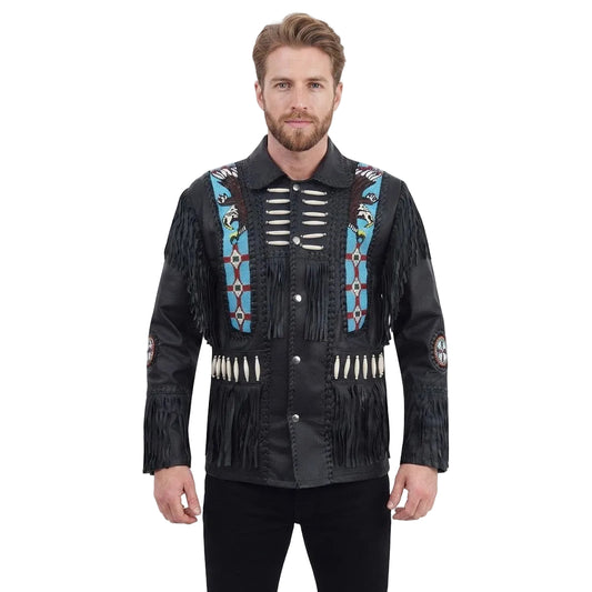 A man wearing a black faux-leather fringed jacket with Native American-inspired beadwork and white bone-like chest details, photographed against a plain white background.