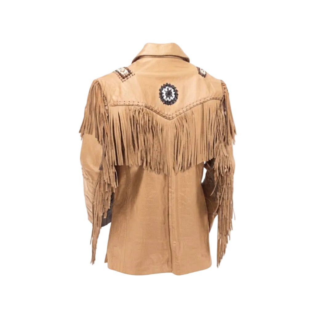 A beige leather fringe jacket shown from the back, featuring a large circular black and white embroidered patch in the center, decorative stitching, and fringed detailing on the shoulders and sleeves, set against a plain white background.