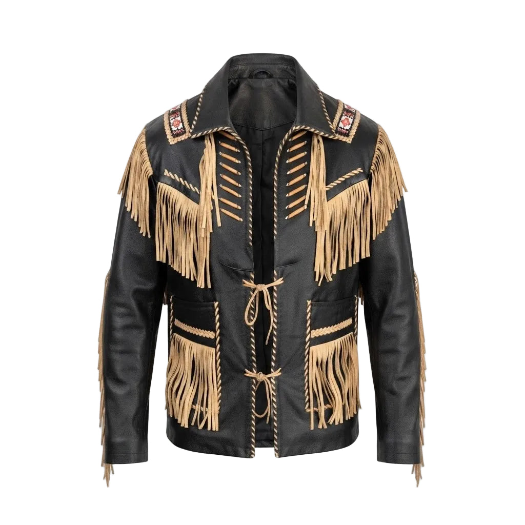A black leather jacket with extensive tan fringe, whipstitching, and embroidered details on the shoulders and front pockets, shown against a plain white background.