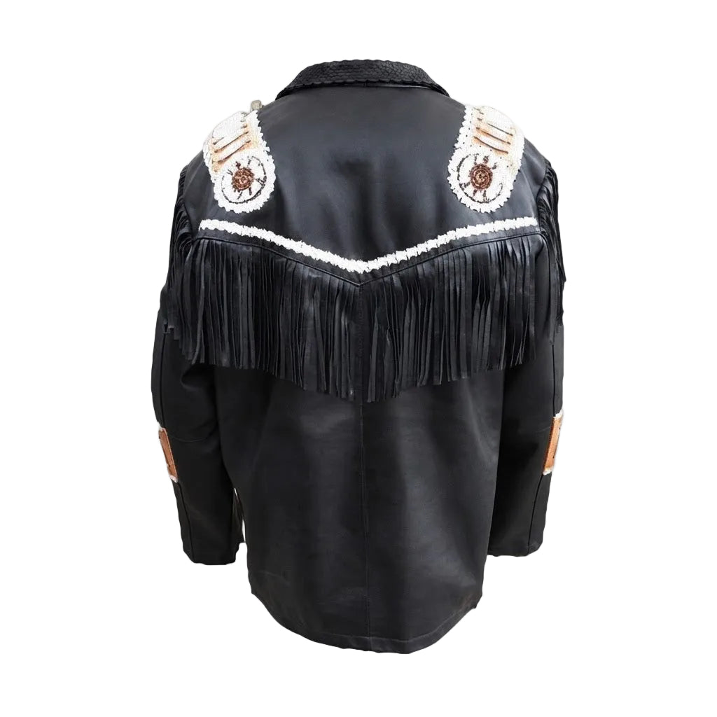 Black leather fringed jacket with white and brown beaded shoulder details, shown from the back on a white background.