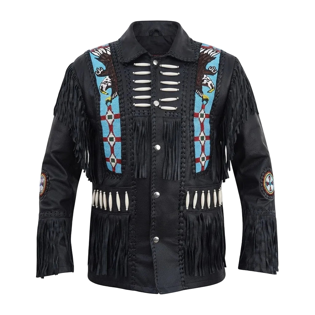A black fringed button-up shirt jacket with intricate turquoise, white, and red beaded chest panels and decorative beadwork on the sleeves, shown against a plain white background.
