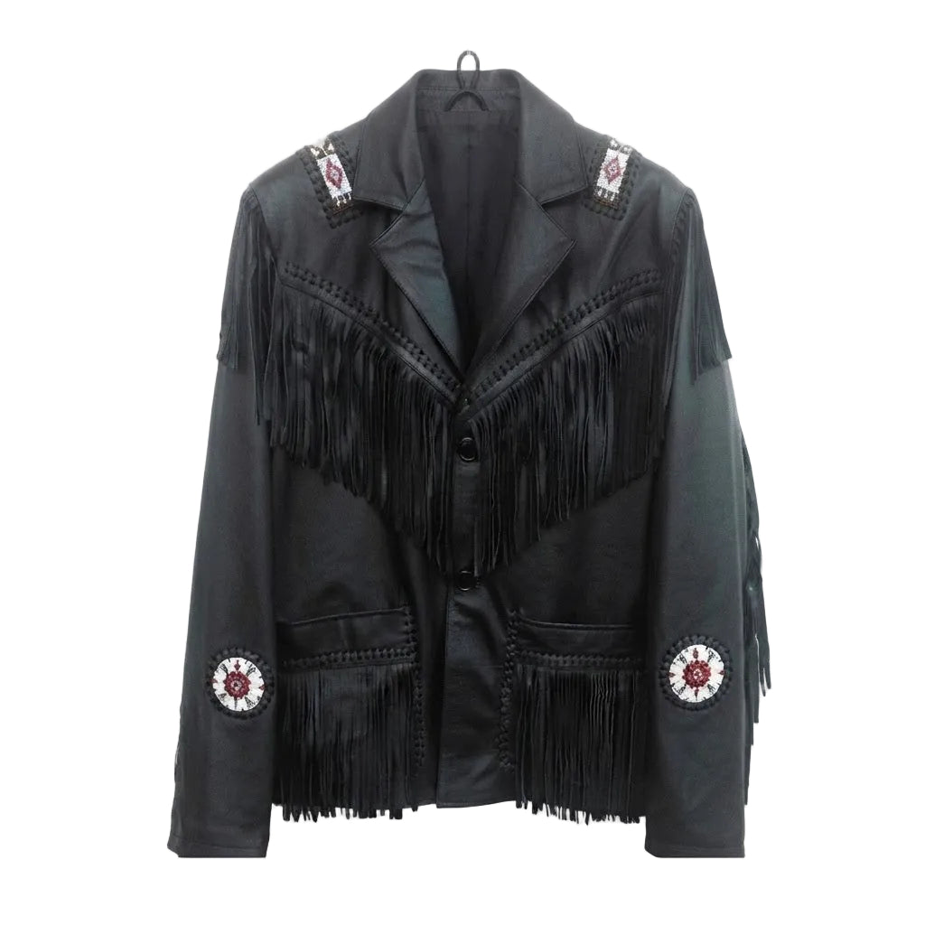 A black leather fringe jacket with decorative bead work and circular floral appliques on the shoulders and sleeves, shown on a hanger against a white background.