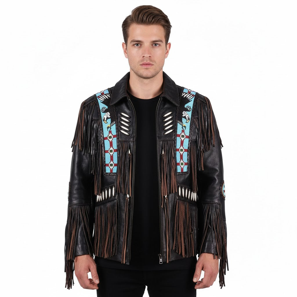 Man wearing a black leather jacket with colorful fringe and patterns on a white background