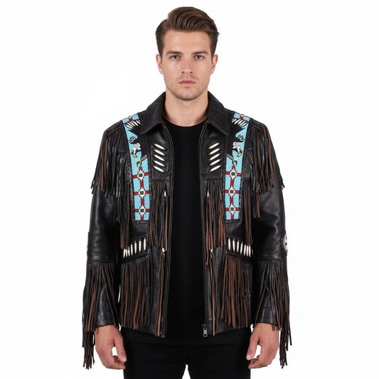 Man wearing a black leather jacket with colorful fringe and patterns on a white background