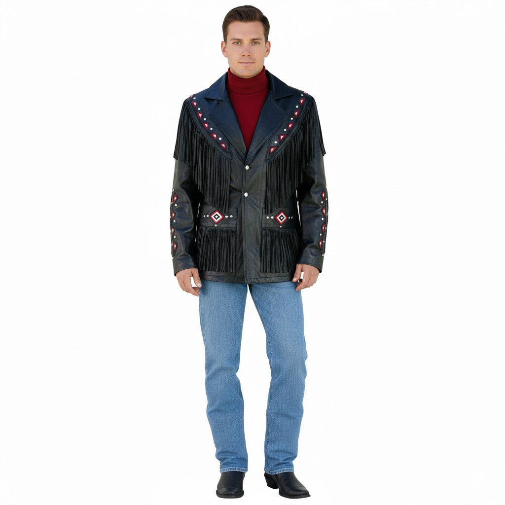 Western Black Fringe Beaded Leather Jacket Cowboy Jacket LWJ3580