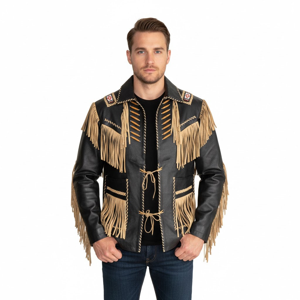 Western Black Fringe Bone Beaded Leather Jacket Cowboy Jacket LWJ3600