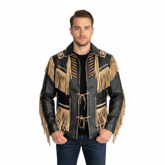 Western Black Fringe Bone Beaded Leather Jacket Cowboy Jacket LWJ3600