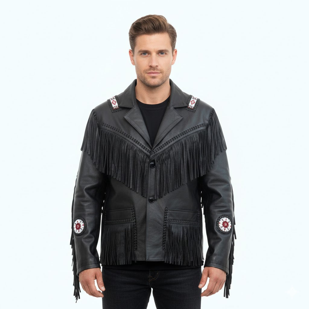 Man wearing a black leather jacket with fringes and patches on a white background