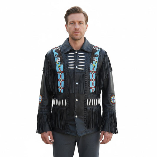 Western Black Fringe Eagle Beaded Leather Jacket Cowboy Jacket LWJ3560