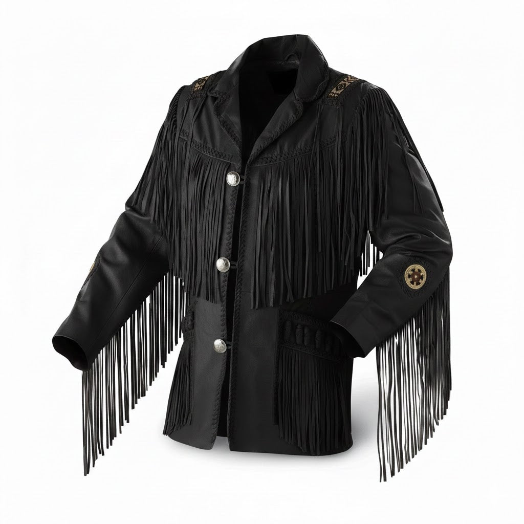 Black Suede Leather Fringe Beaded Jacket For Men