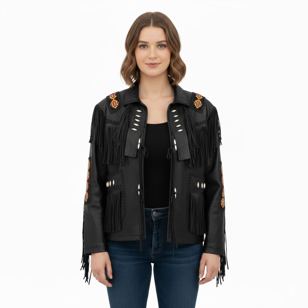 Woman wearing a black fringed jacket on a white background