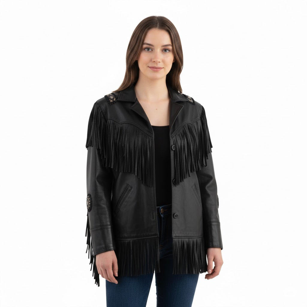 Black leather jacket with fringe details on a white background