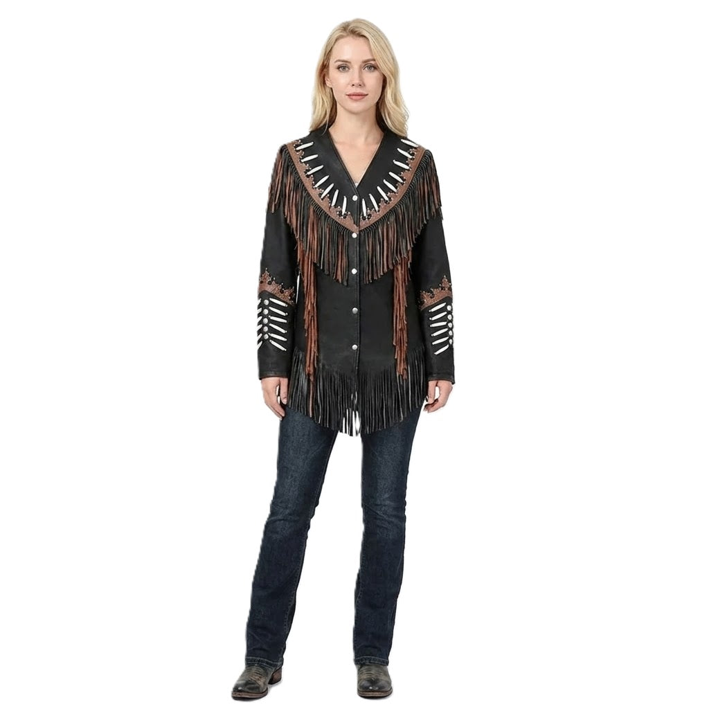 Black Suede Fringe Bones Jacket For Woman WJ9020