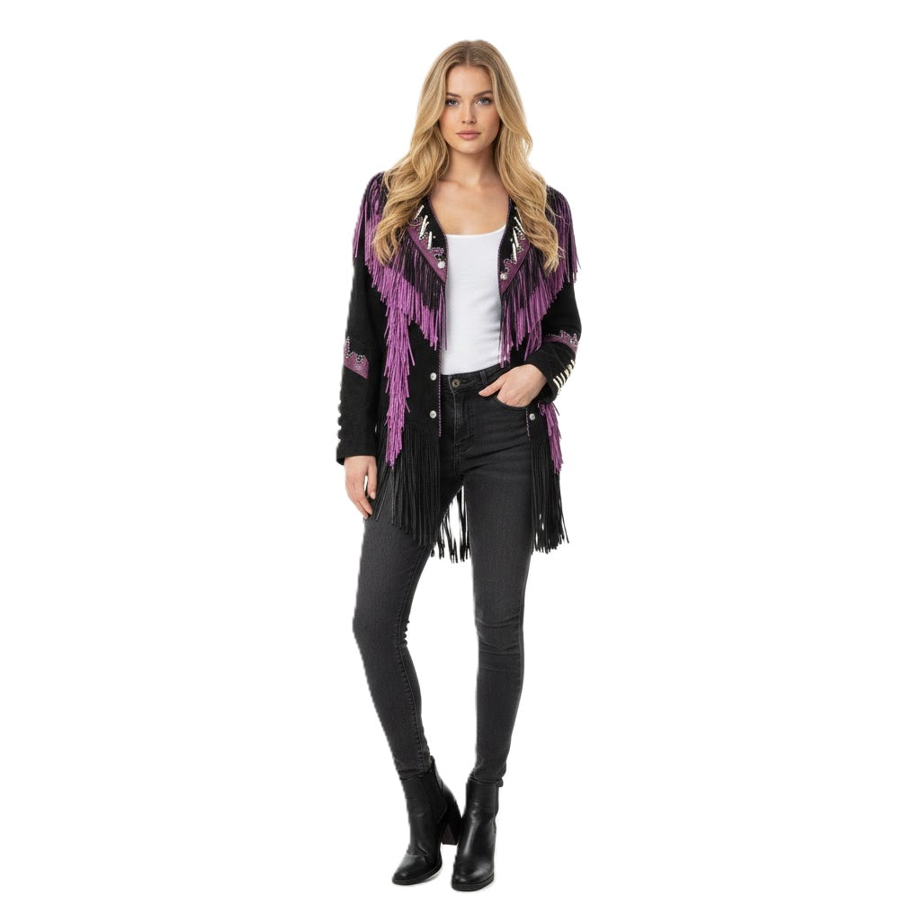 Women’s Black Suede Leather Fringes Bone Jacket Cowgirl Jacket WFJ9023