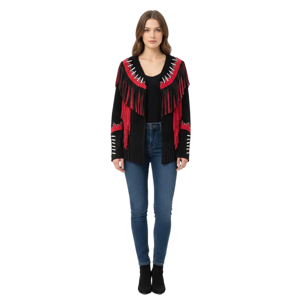 Woman wearing a black and red fringed jacket on a white background