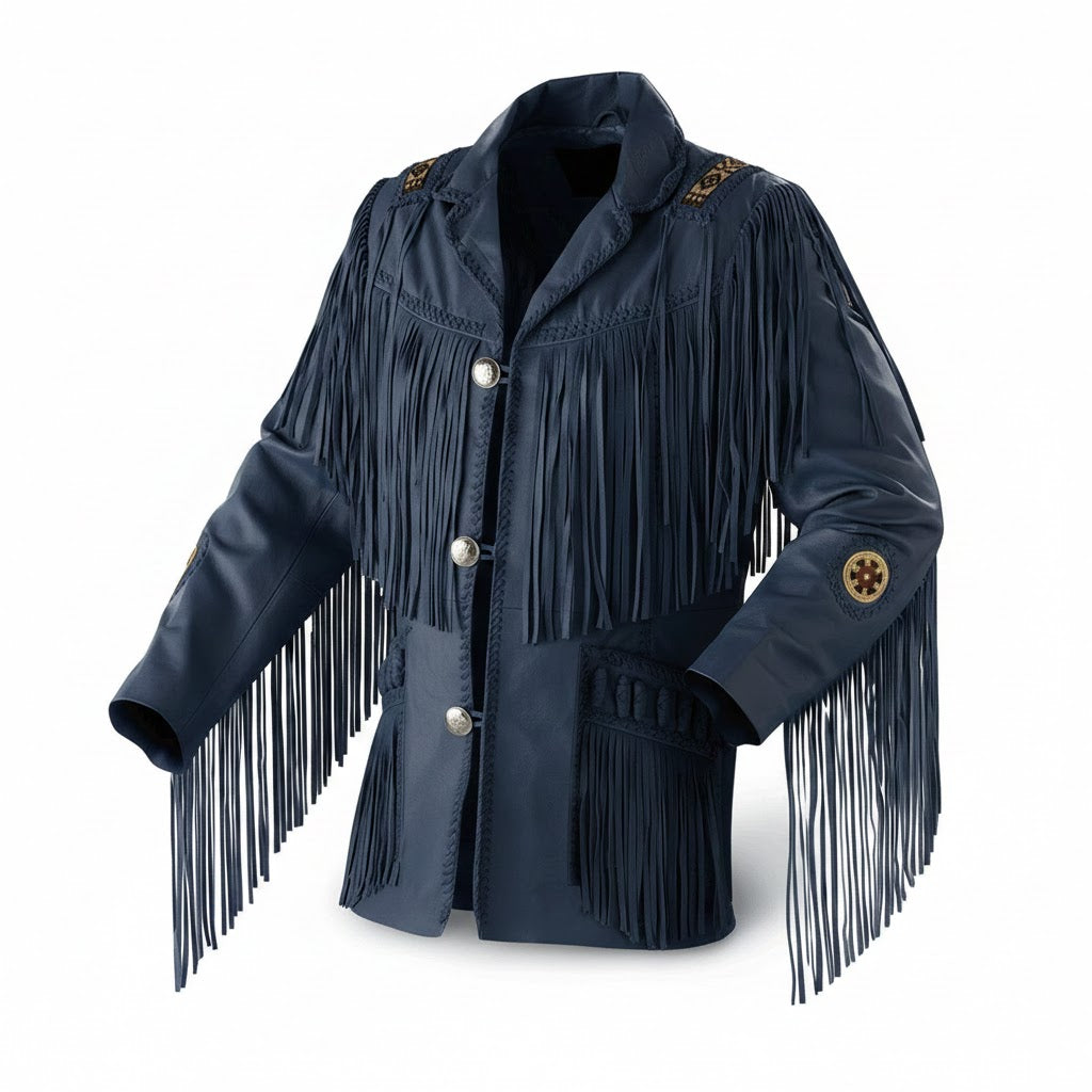 Navy blue fringed jacket on a white background