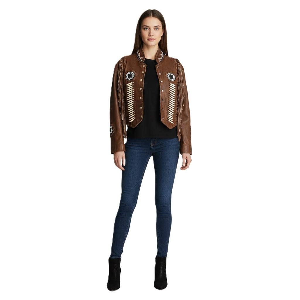 Women’s Western Beaded Fringe & Bones Leather Jacket WJ1072
