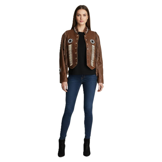Women’s Western Beaded Fringe & Bones Leather Jacket WJ1072
