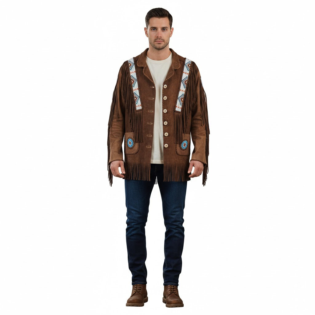 Man wearing a brown leather jacket with decorative elements on a white background